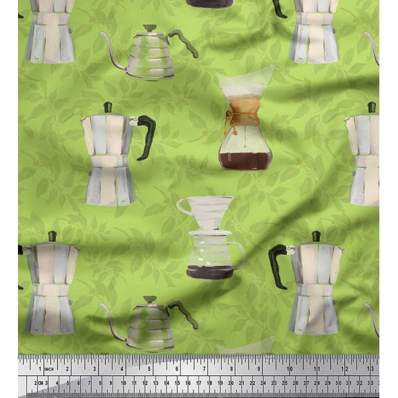 Soimoi Green Silk Fabric Coffee Maker & Mixer Jar Kitchen Print Fabric by Yard 42 Inch Wide