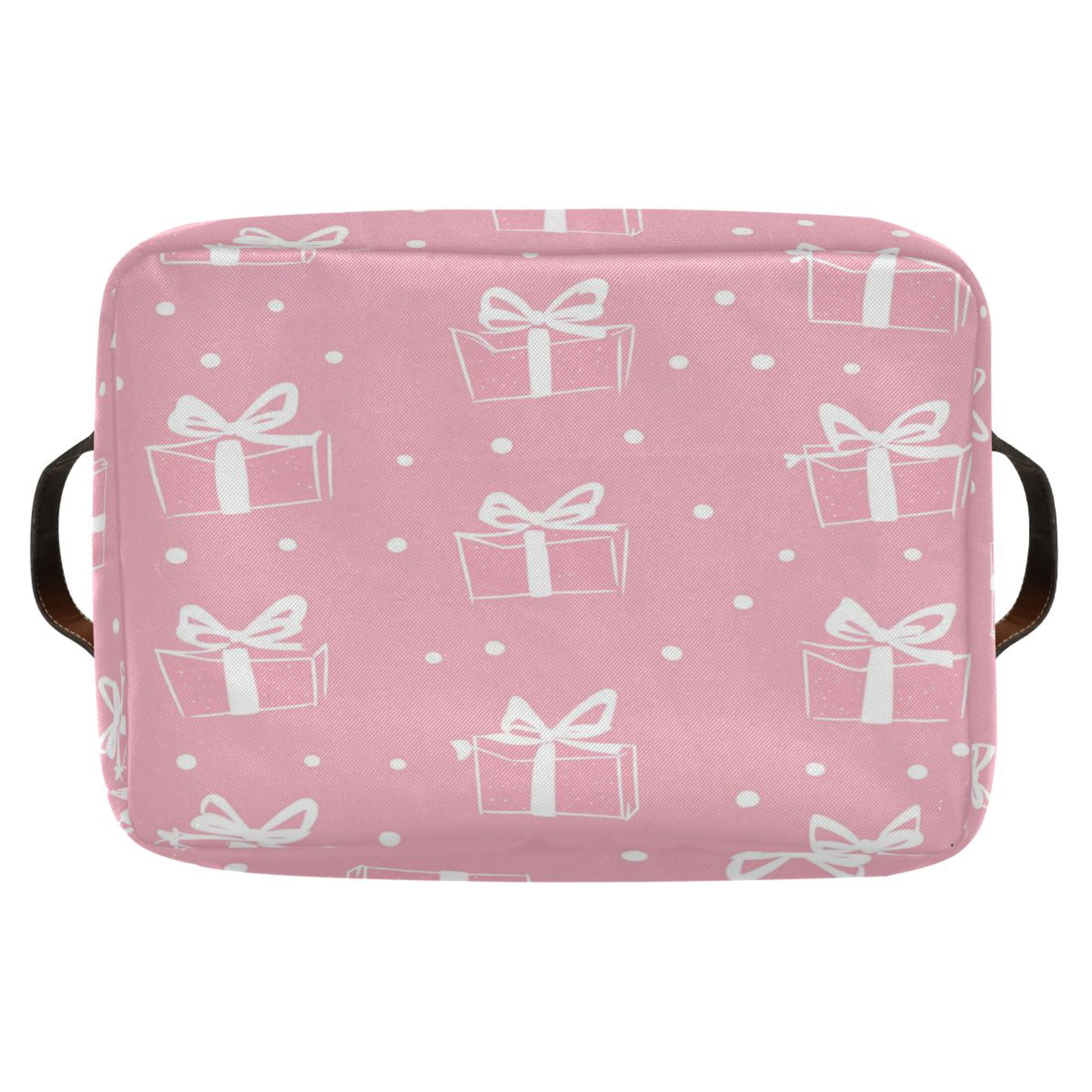 Pink Gift Pattern Foldable Storage Basket,Canvas Fabric Foldable Storage Bins with Handles Open Home Storage Bins Boxes for Toy Book Shelf Closet Baskets