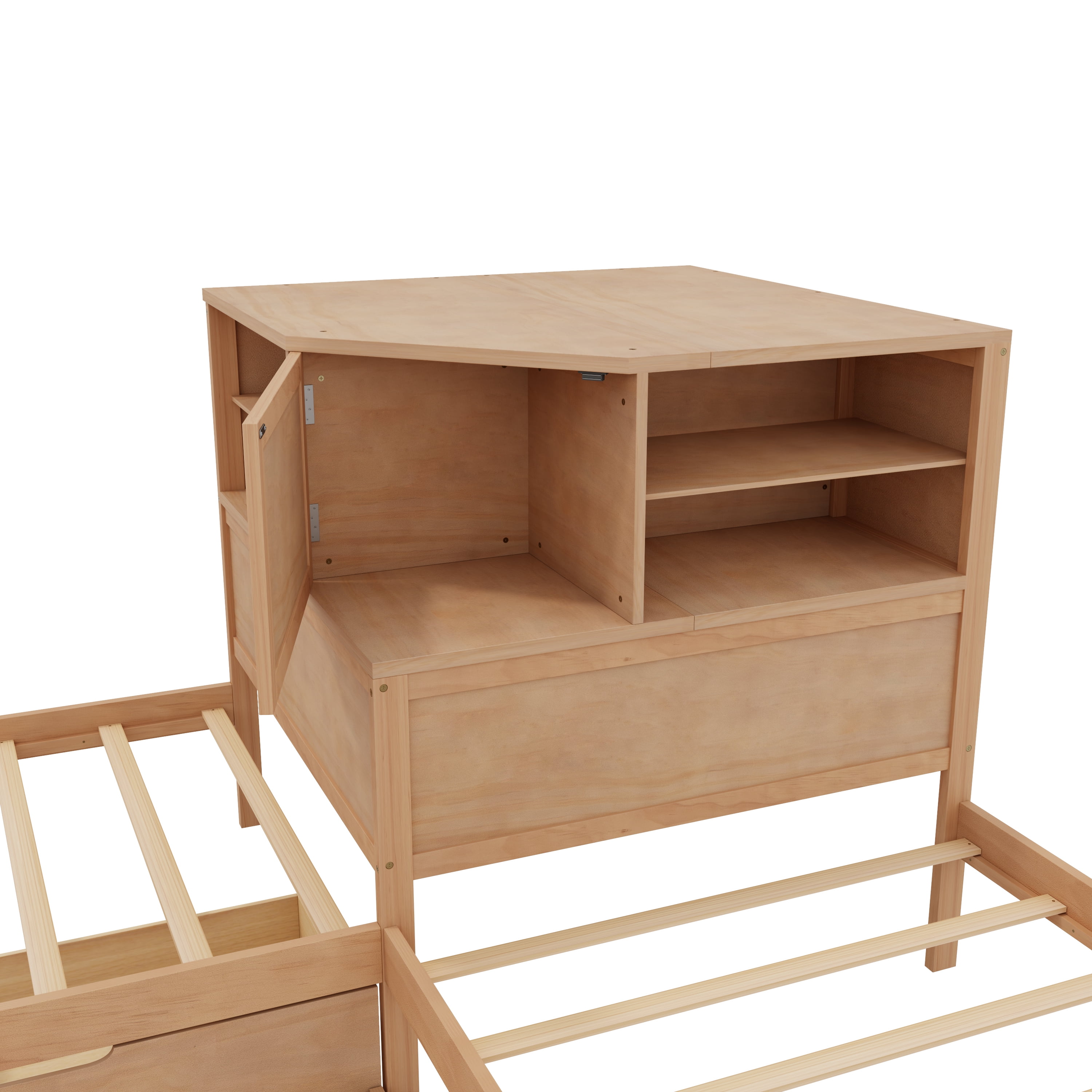 EUROCO Wood L-Shaped Twin Platform Bed with Trundle and Drawers, L Shaped Bed with Desk and LED Light for Kids Teens Bedroom, Natural