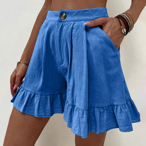 ICHUANYI Clearance Women's Fashion Solid Color Casual Wide Leg Ruffle Loose High Waist Shorts Pants(Blue, XL) ICHUANYI WER2023080911766