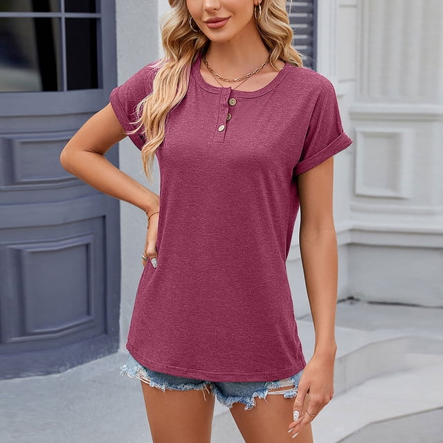 LSLJS Women's Mode Col Rond Manches Courtes T-shirt Boutonné Casual Chemise Ample Tops