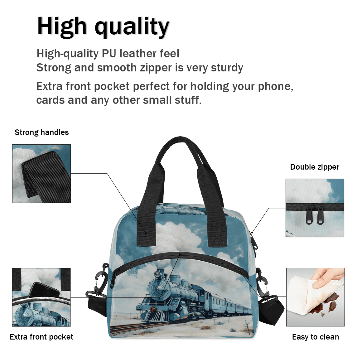 Herdesigns Steam Train Insulated Lunch Bag for Women Men Adults Large Reusable Lunch Box Leakproof Portable Cooler Tote Bags with Adjustable Shoulder Strap
