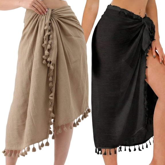 2 Pieces Women’s Sarong Swimsuit Coverups, Long Beach Bikini Wrap Skirt for Poolside, Seaside Vacation (Black   Brown)