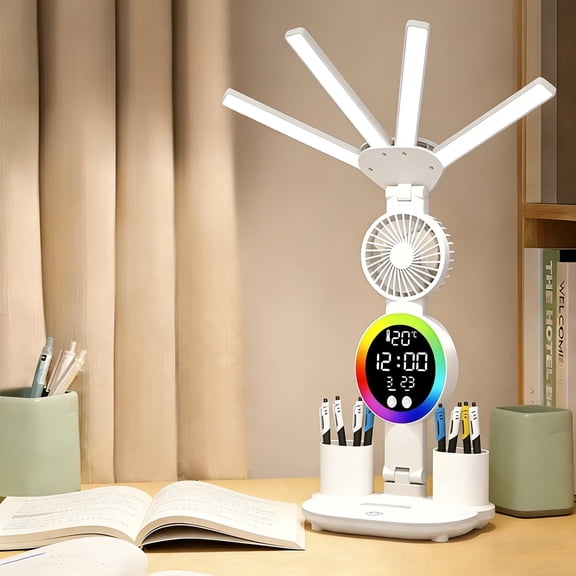 6-in-1 Led Desk Lamp Adjustable Foldable Table Lamp with Fan, Smart Clock Display & Pen Holders, USB Rechargeable Touch Control EyeCaring Table Lamp for Study, Bedroom & Dormitory