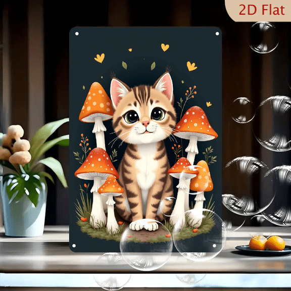 Cat Flower Aesthetic Mushroom Home Decor Metal Tin Sign 8x12 Inches Wall Art Outdoor Garden Decoration
