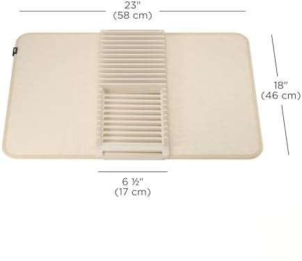 330720-354 UDRY Rack and Microfiber Dish Drying Mat-Space-Saving Lightweight Design Folds Up for Easy Storage, Standard, Linen