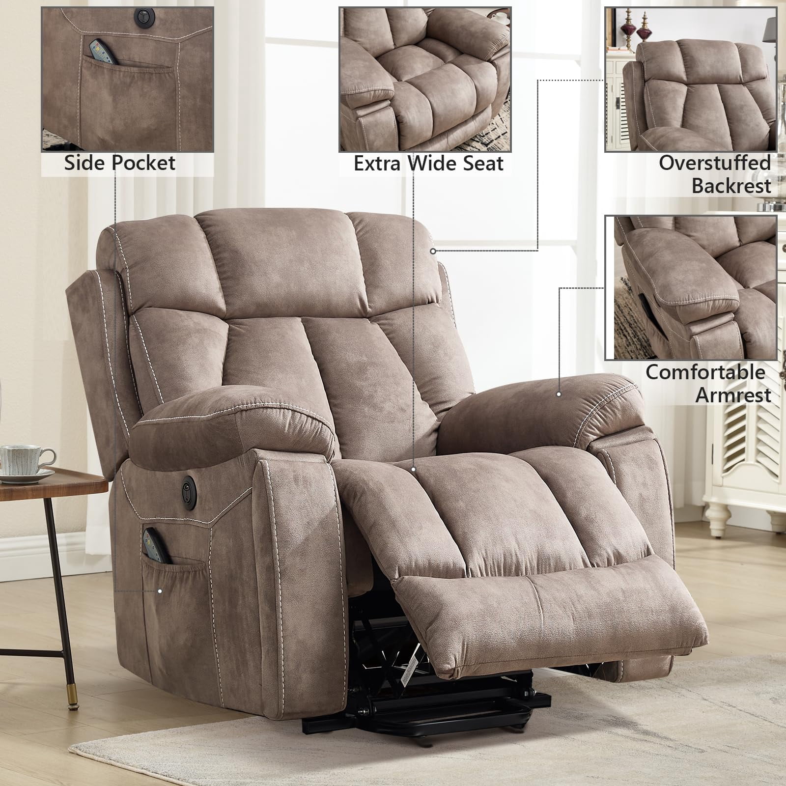 Ebello 40.5" Wide Extra Large Microfiber Electric Heated Massage Lift Recliner Living Room Chair with Cup Holder & USB, Light Brown
