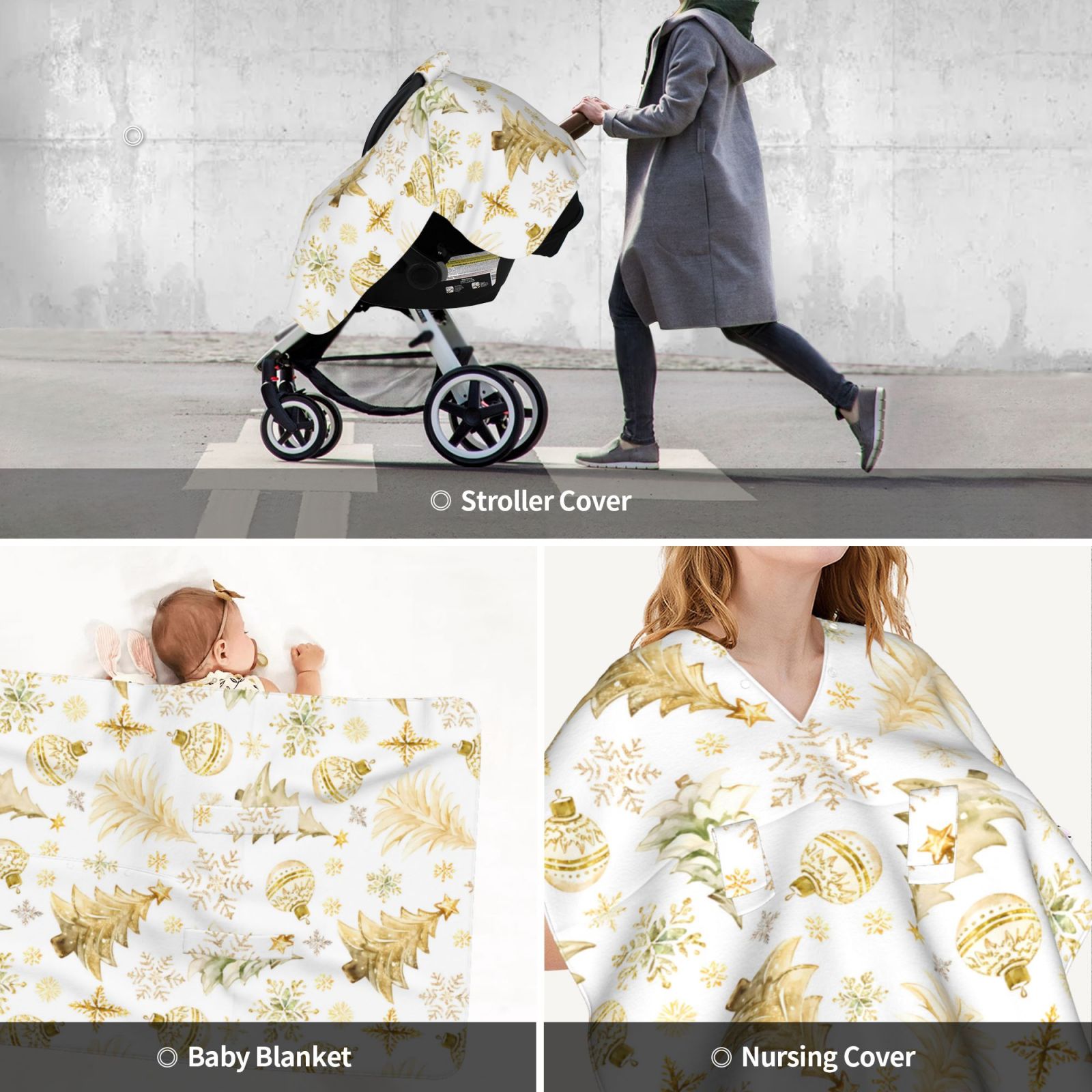 Car Seat Cover Baby - Gold Christmas Tree Breathable Infant Car Seat Cover for Baby Carseat, Lightweight Comfort Baby Essentials Must Haves Newborn Stuff for Girl Boy