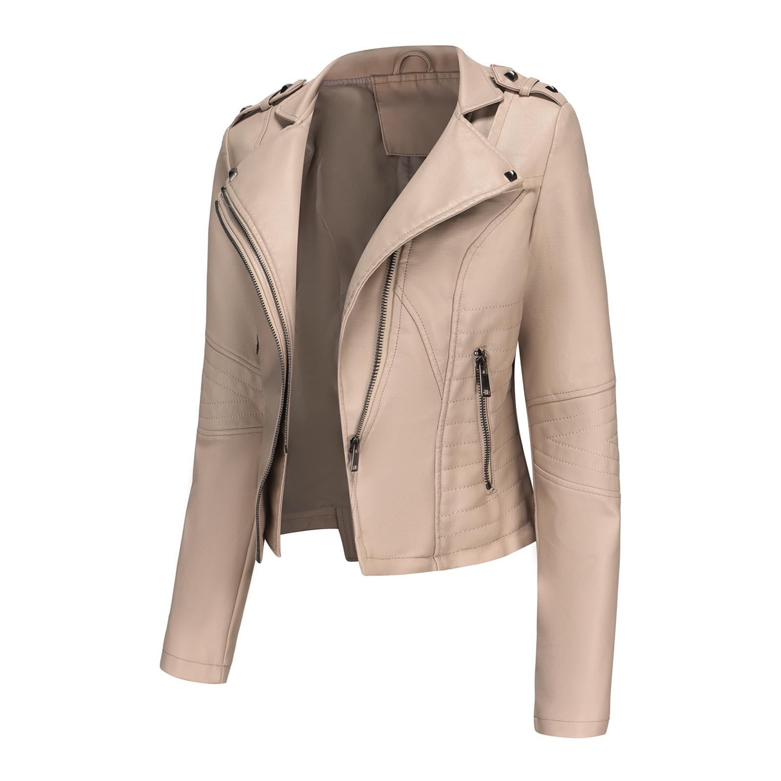 qolati Women Faux Leather Jackets Vintage Long Sleeve Zip Up Motorcycle Jacket 2024 Trendy Lightweight Collar Cropped Coats Outwear