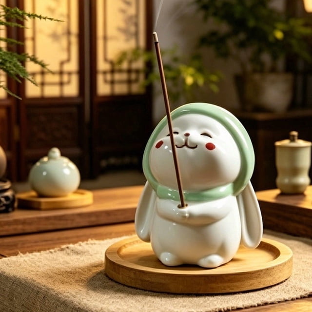 Portaincienso de resina con sándalo, figurita de aromaterapia de conejito lindo para decoración del hogar, relajación, ceras derretidas, regalo para interiores, incluye disco de madera.
