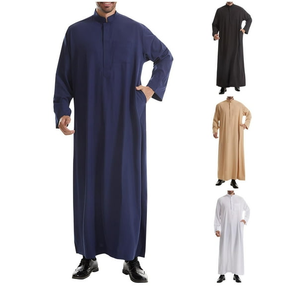 Miluxas Men's Saudi Arabic Thobe Jubba Dishdasha Long Sleeve Robe Ramadan Muslim Dress Middle East Islamic Clothing White