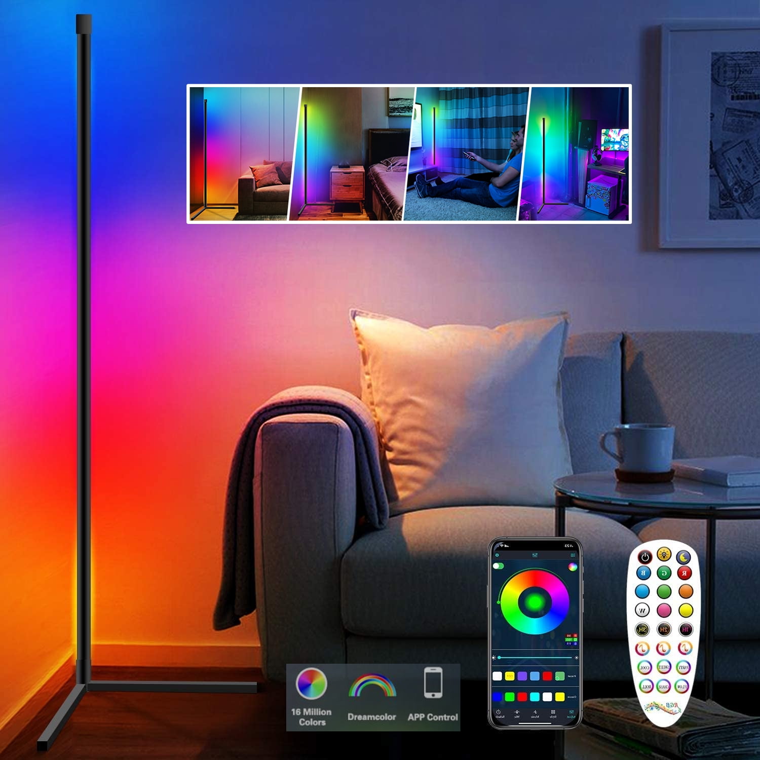 Smart App Control,40W LED Color Changing Floor Lamp with Remote Two Pack LED Corner RGB Floor Lamp,Updated Bigger Size RGB Floor Lamp for Bedroom,Living Room Two Pack, Black 