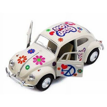Kinsmart 5" 1967 VW Classic Beetle Peace Decals Diecast 1:32 Volkswagen White