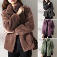 thumbnail image 2 of comerut Winter Coat Plush Zipper Placket Stand Collar Long Sleeves Solid Color Drawstring Warm Cozy Pure Color Winter Jacket for Shopping, 2 of 8