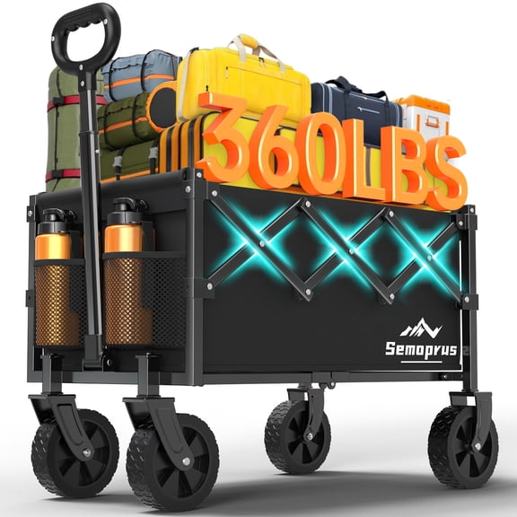 Semoprus Collapsible Wagon Carts with Wheels, Flexible Lightweight Wagons Carts Foldable, Portable Folding Grocery Cart for Shopping, Camping, Fishing, Garden, Sports, Beach, Black