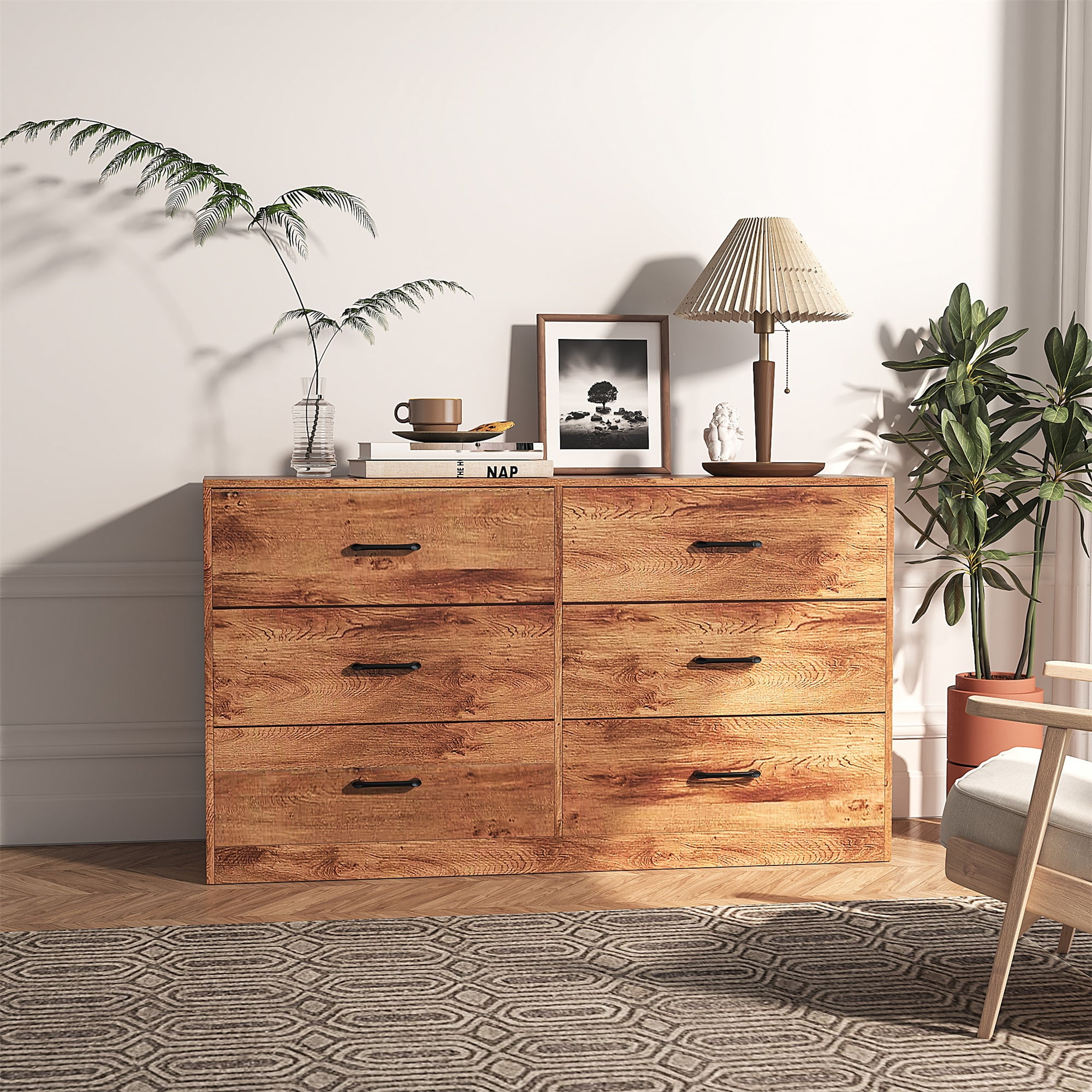 YYAo 6 Drawer Double Dresser, Wide 6 Chest of Drawers, Nursery Dresser, 65" TV Stand for Dining Room/Living Room, Walnut YYAo 6 Drawer Double Dresser, Wide 6 Chest of Drawers, Nursery Dresser, 65" TV Stand for Dining Room/Living Room, Walnut