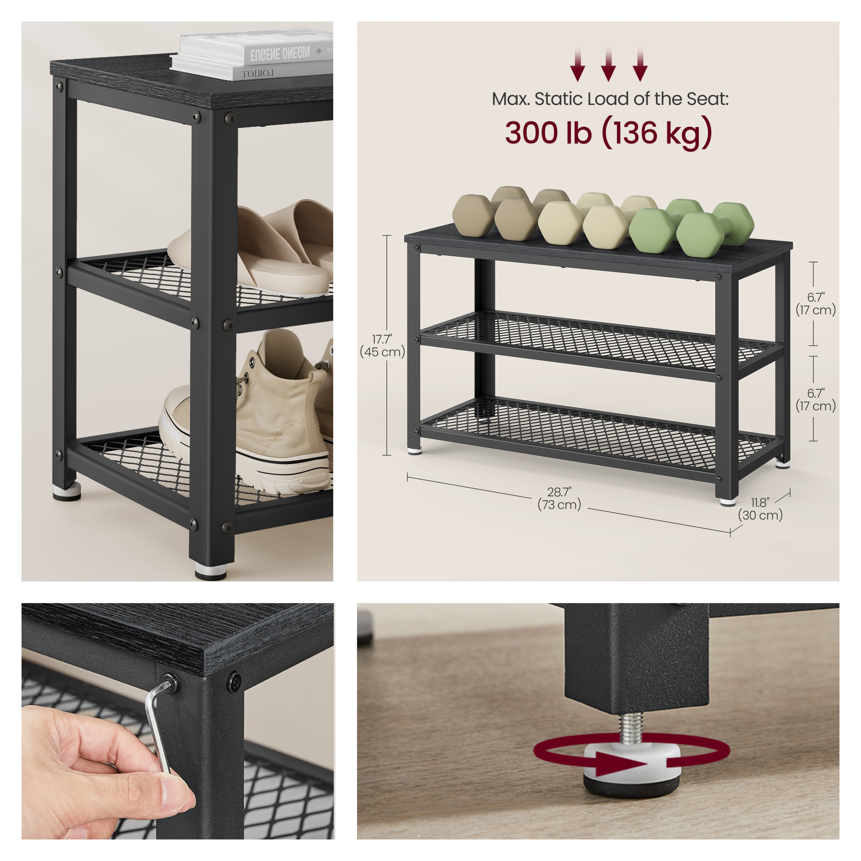 LEDREM 3-Tier Shoe Rack Bench with Seat , Free Standing Shoe Organizer Storage Shelf for Entryway Hallway , Holds 6-8 Pairs , Black