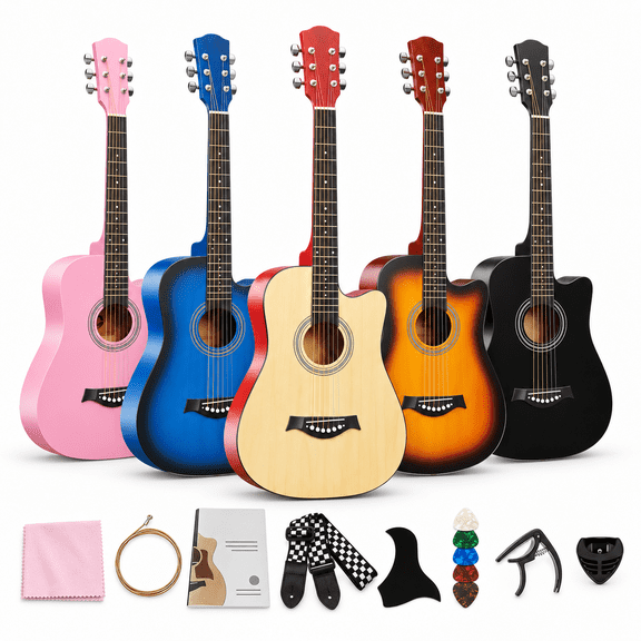 38 Inch Acoustic Guitar For Beginner,Full Steel Guitars Kit with Extra Strings,Strap, Picks, Capo, For Travel Adults & Players, Basswood, Classical Design
