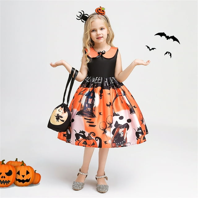 KAWELL Robe de Costume de Citrouille d'Halloween pour Fille avec Sac pour 3-12 Ans
