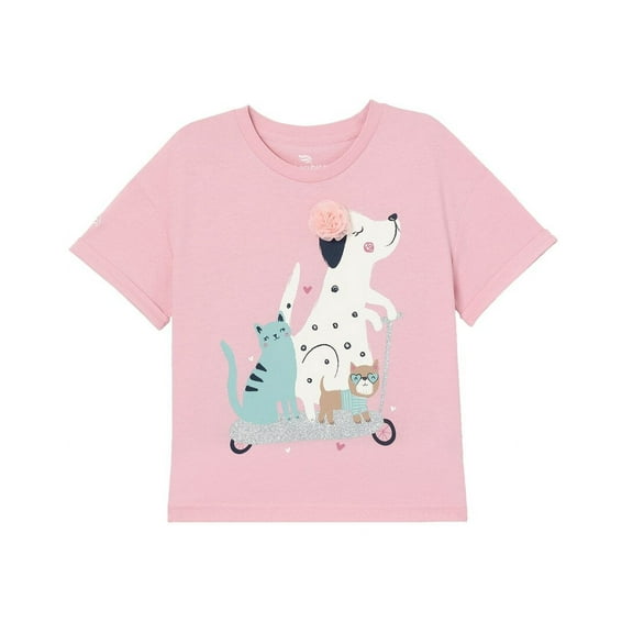Short Sleeve T-Shirt With (Animal Friends) Embellished & Glitter Graphic - Pink