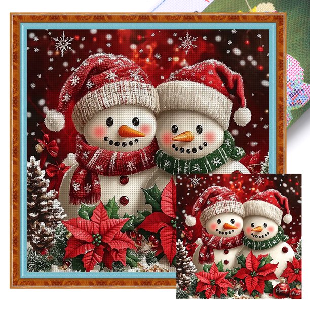 Kit Punto Cruz Con Muñeco Nieve Hilo Algodón Ecológico Bordado 11CT 45x45cm