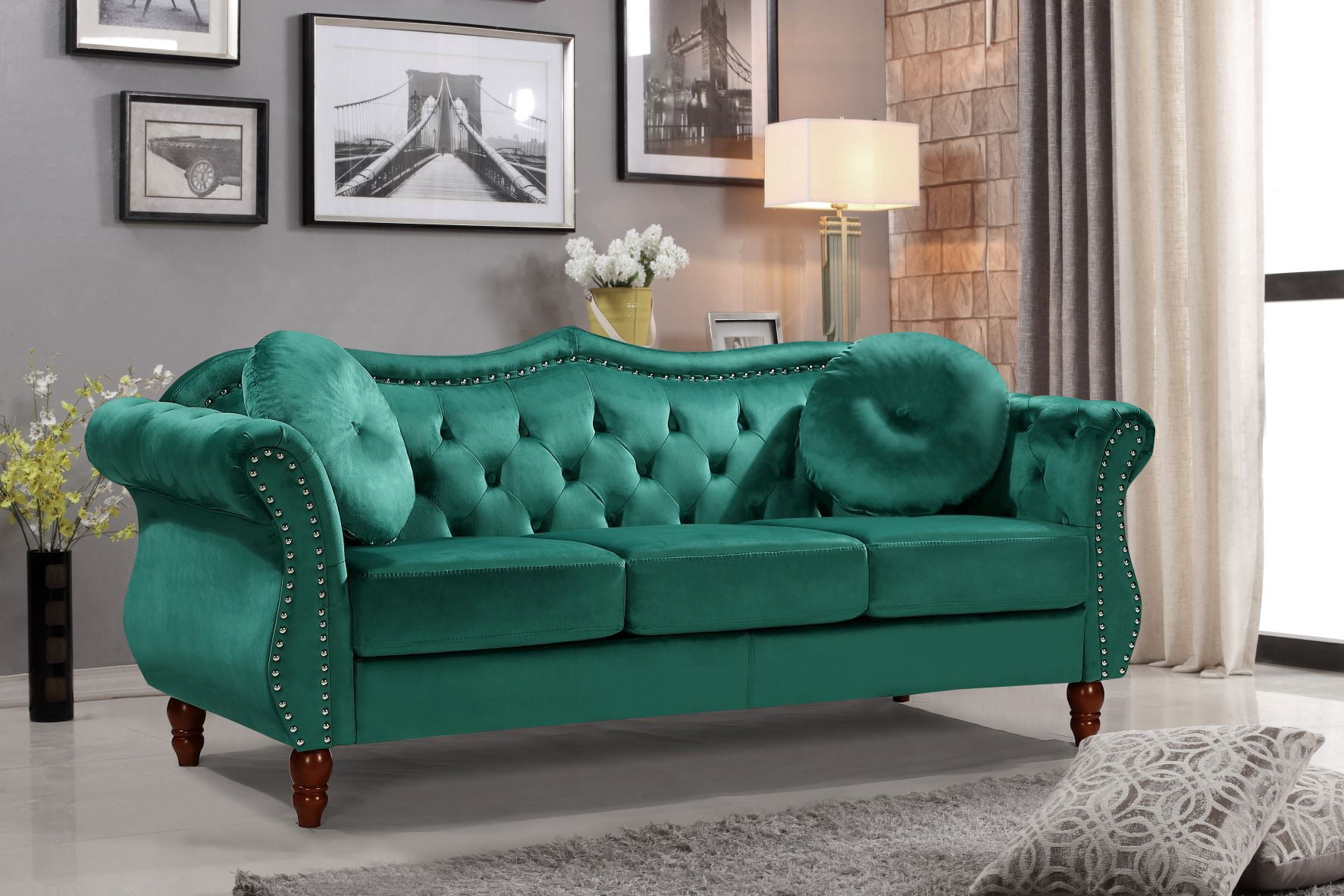 Uspridefurniture Wymore 79.5'' Velvet Rolled Arm Sofa,Green