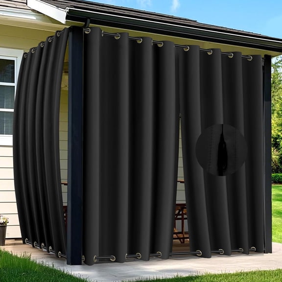 Outdoor Curtains for Patio Waterproof 2 Panels Blackout Curtains 84 inch Long with Zipper Top & Bottom Grommet Sun Blocking Outdoor Privacy Drape for Gazebo Porch Pergola (54x84, Black)