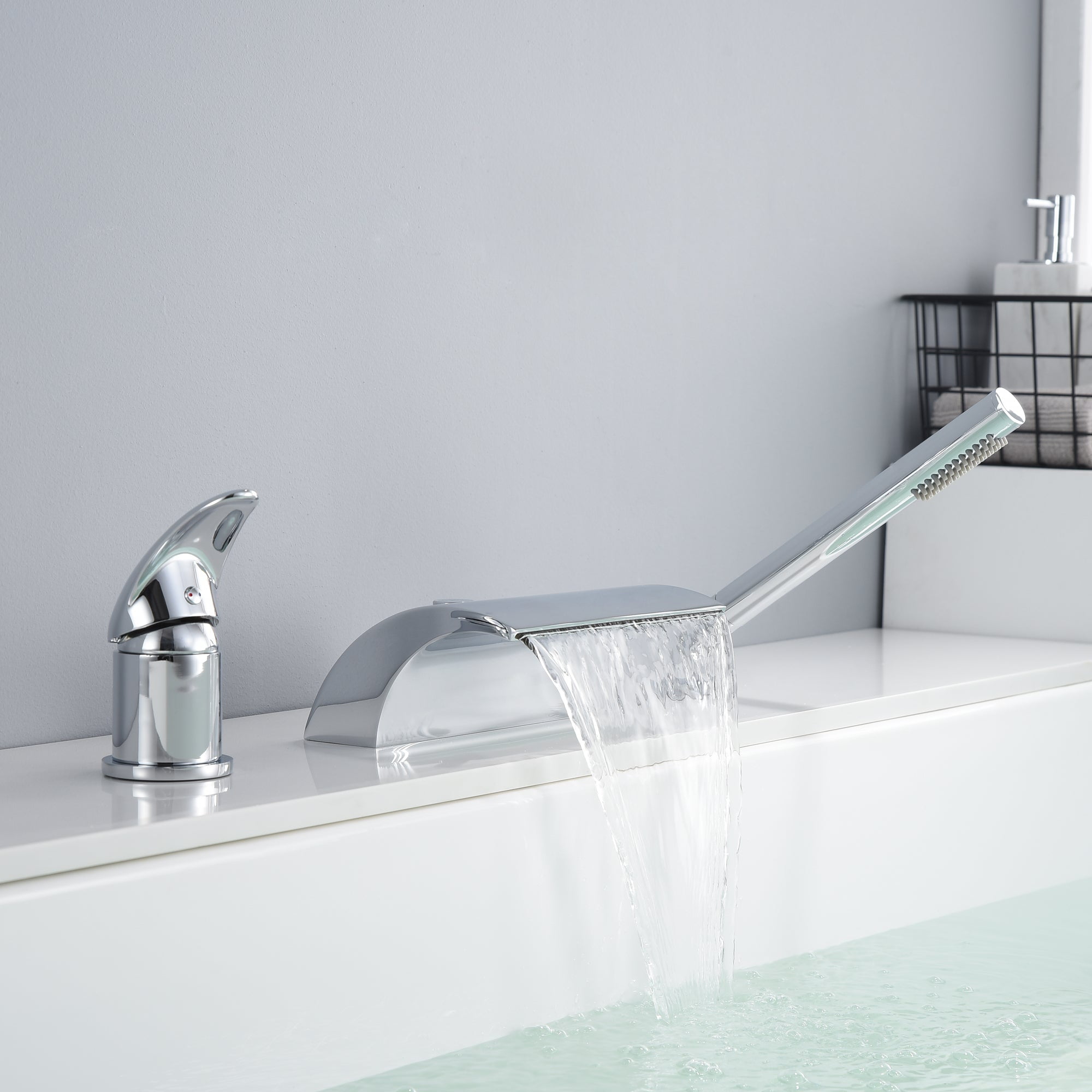 Sumerain Single Handle Deck Mounted Waterfall Roman Bathtub Faucet with Handheld Shower, Chrome finish