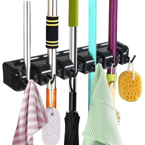 Organizador seguro para escobas y trapeadores, montaje en pared que ahorra espacio para cocina y garaje, construcción de plástico ABS con 5 clips y 6 ganchos, diseño resistente y antideslizante