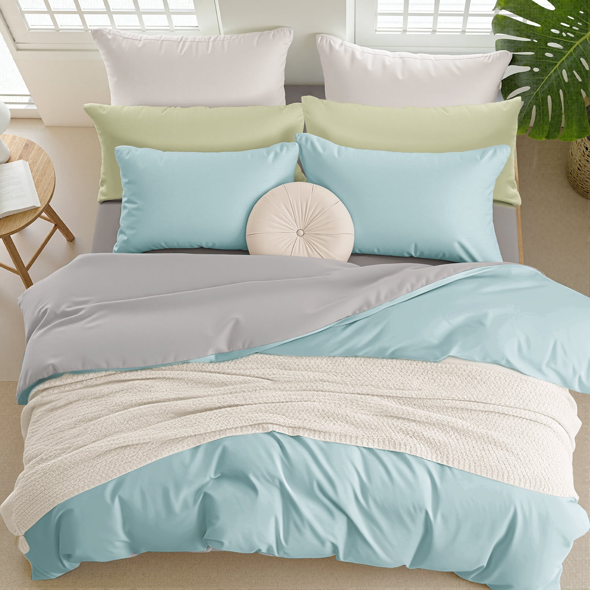 Exclusivo Mezcla Twin Bedding Duvet Cover Set, 2 Pieces Lightweight Comforter Cover with Pillow Sham (Light Green and Light Grey)