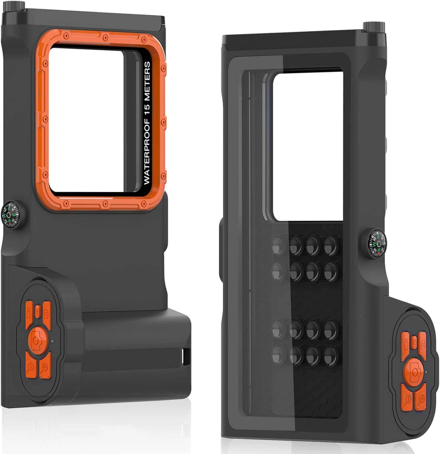 New Updated Extreme Waterproof Underwater Diving, Snorkel Phone Case with Bluetooth Remote Control for All iPhone (Max, Plus, S), Samsung, LG, Google, Android Up to 50Ft, 15M with Lanyard Black&Orange