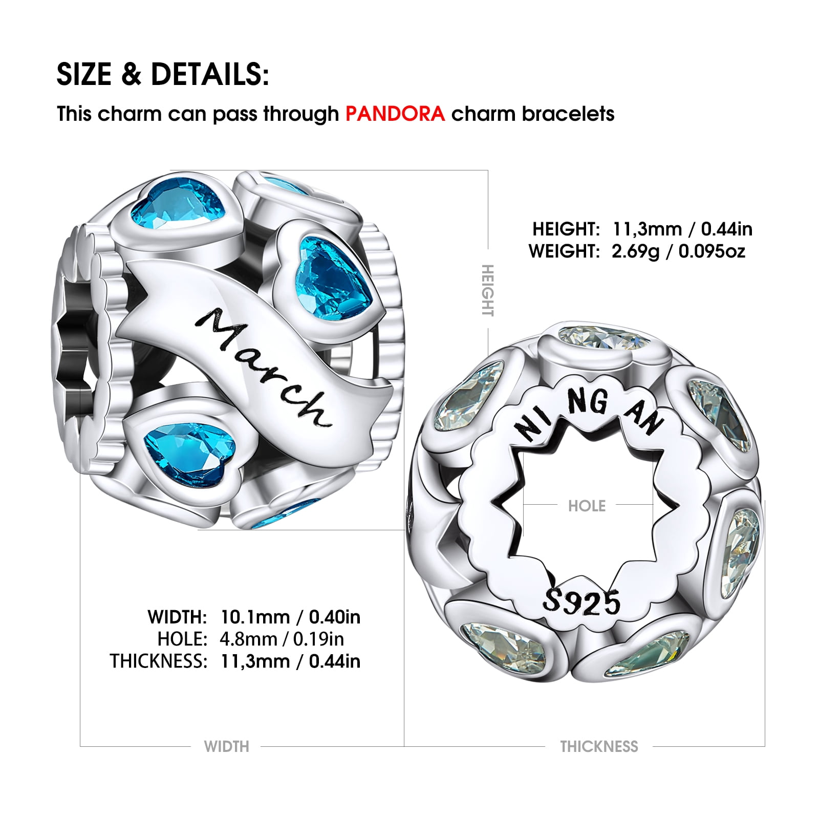 Erizteya 925 Sterling Silver Charm for Bracelets March Birthstone Birthday Mothers Day Jewelry Gifts Women Bracelet Charms