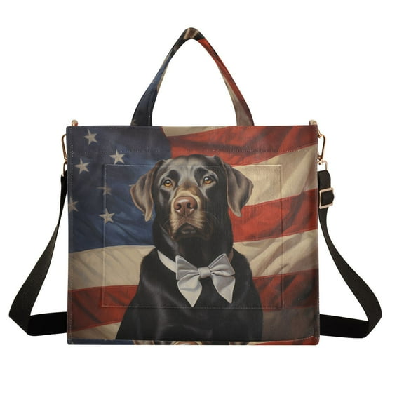Dog Tie American Flag Corduroy Tote Bag Handbag Large Messenger Bag Shoulder Crossbody Zipper Bag Purse