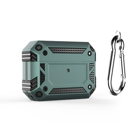 Dteck Shockproof Case for AirPods Pro Compatible Wireless Charging Hybrid Rugged Full Body Hard Shell Case with Metal Keychain Front LED Visible Green