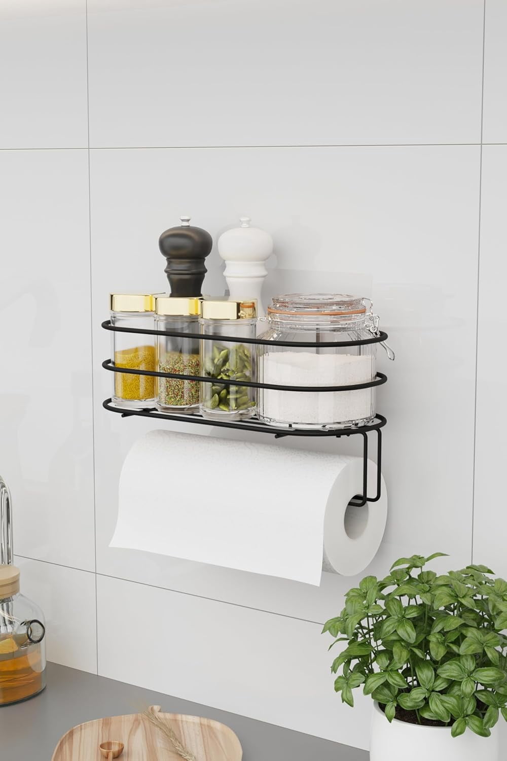 Adhesive Paper Towel Holder – Matte Black Kitchen Towel Rack, No-Drill Napkin Organizer, Wall-Mounted Stainless Steel Towel Dispenser, Modern Kitchen & Bathroom Decor