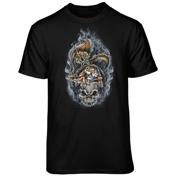 Teelocity Men's Dragon Tiger Skull Black Relaxed Fit Short Sleeve Graphic T-Shirt