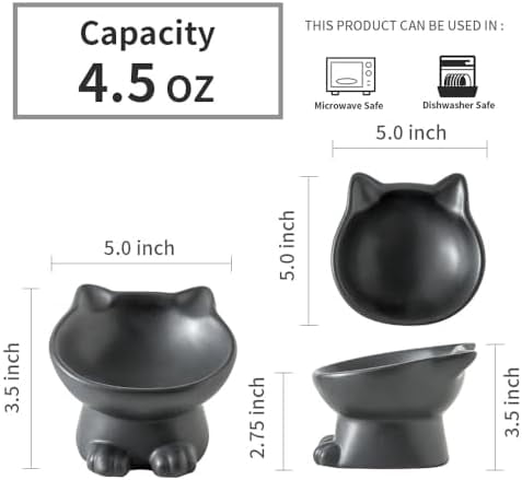 Slanted Elevated Cat Bowls: 5 Inch Ceramic Raised Cat Food Bowl for Protecting Pet's Spine - Microwave & Dishwasher Safe -Matte Black (4.5 OZ /1 PC)