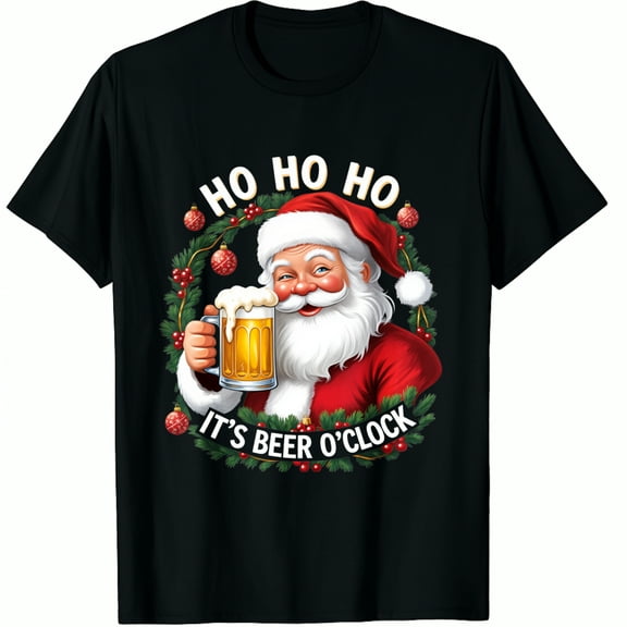 Christmas Santa Claus Ho Beer O Clock Holiday Design Festive Party Wear Black Funny Graphic T-Shirt for Men and Women