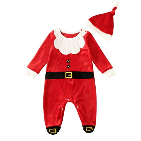 

Genuiskids Newborn Baby Girls Boys Christmas Footies Romper Infant Red Velvet Patchwork Long Sleeve Jumpsuit Bodysuit with Hat
