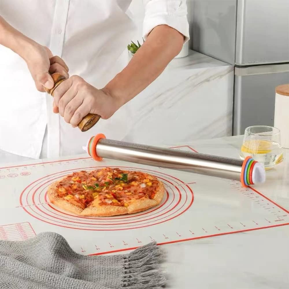 17" Stainless Steel Rolling Pin, Non-Stick Roller with Silicone Removable Rings and Baking Mat, Kitchen Bake Tools for Cooking Pizza Pie Cookies Pastries