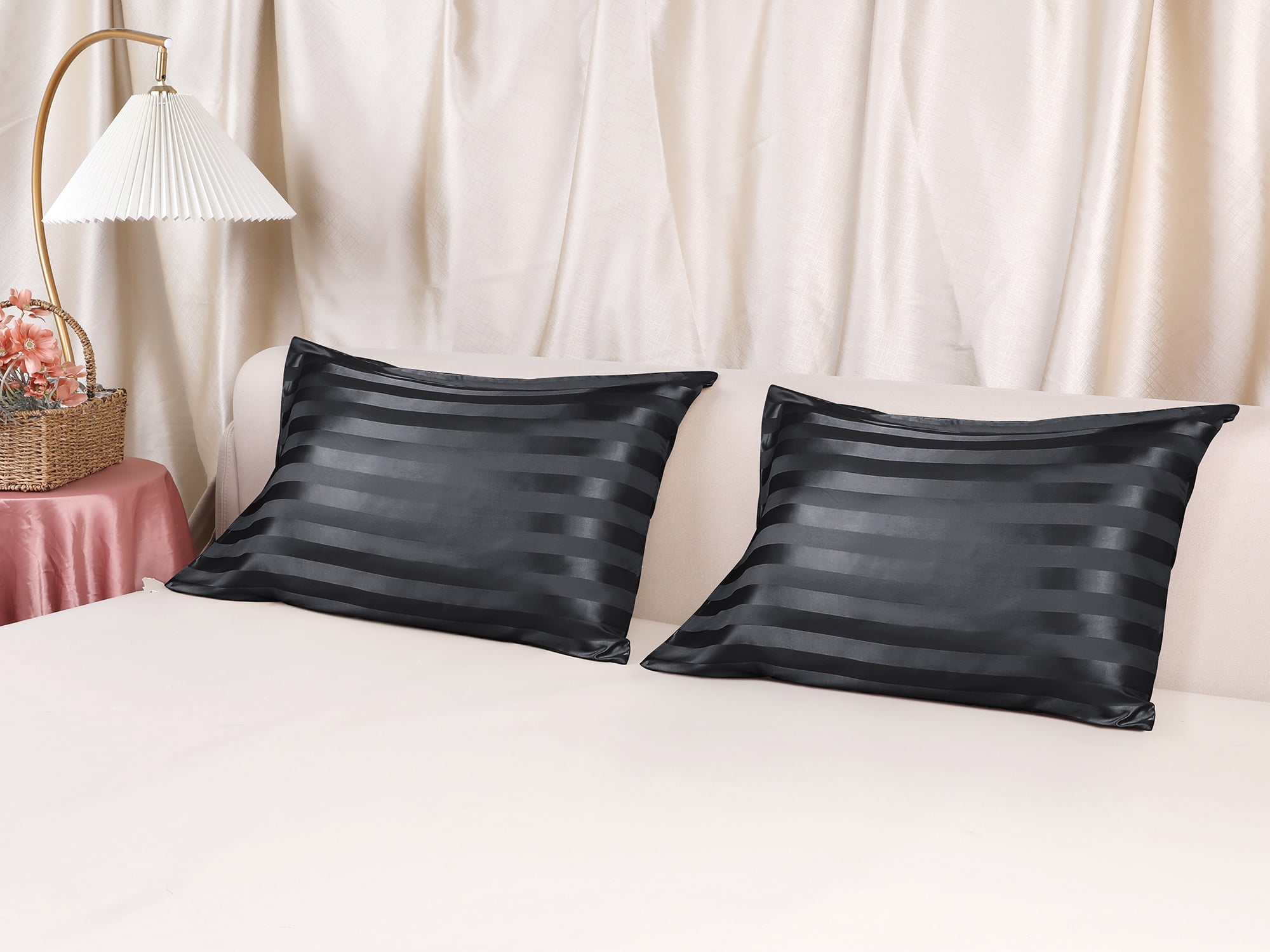 Unique Bargains Satin Pillow Cases Set of 2 Pillow Covers Queen Black