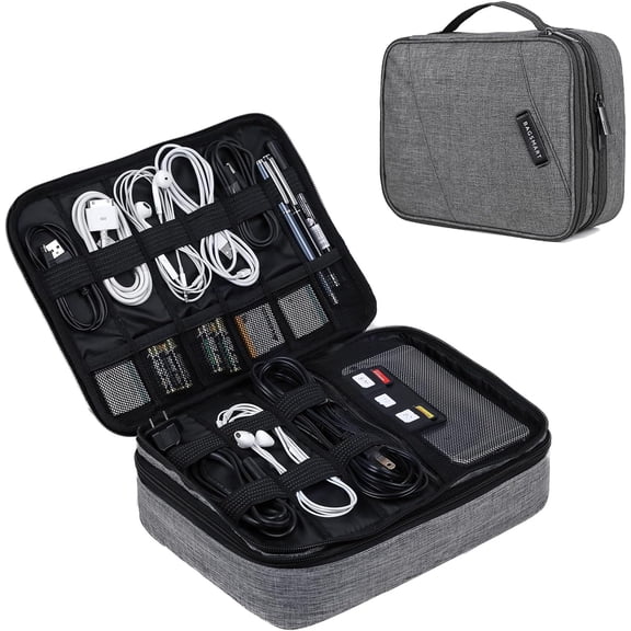 Electronic Organizer, Accessories Organizer Travel Double Layer Electronics Bag Large for 10.5 inch iPad Pro, Adapter, Cables, Black