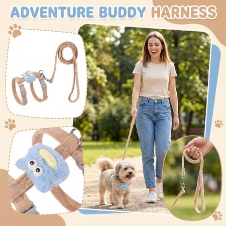 I-Shaped Adjustable Dog Harness and Leash Set with Plush Animal Decor Soft Padded Pet Vest for Small Dogs and French Bulldogs Cute Outdoor Adventure Gear Earthy Yellow M