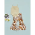 thumbnail image 3 of Faithtur Elegant Baby Girl Pants Set, Square Neck Solid Color Ribbed Buttoned Crotch Romper Floral Elastic Waist Flared Long Pants, 3 of 9