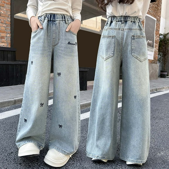 Girl Jeans Fashion Jeans Girls Straight Leg Jeans Wide Leg Denim Jeans High Waisted Baggy Jeans Girls with Pocket Girls Back to School Clothes 6-7 Years