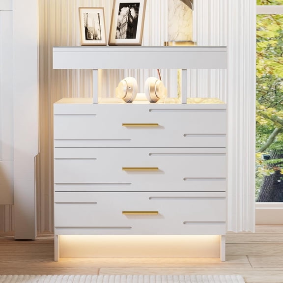 Lvifur LED Nightstand with Wireless Charging Station, White Bedroom Bedside Table with RGB Lights, Smart Night Stand with 3 Drawers Modern Bedside Table for Office