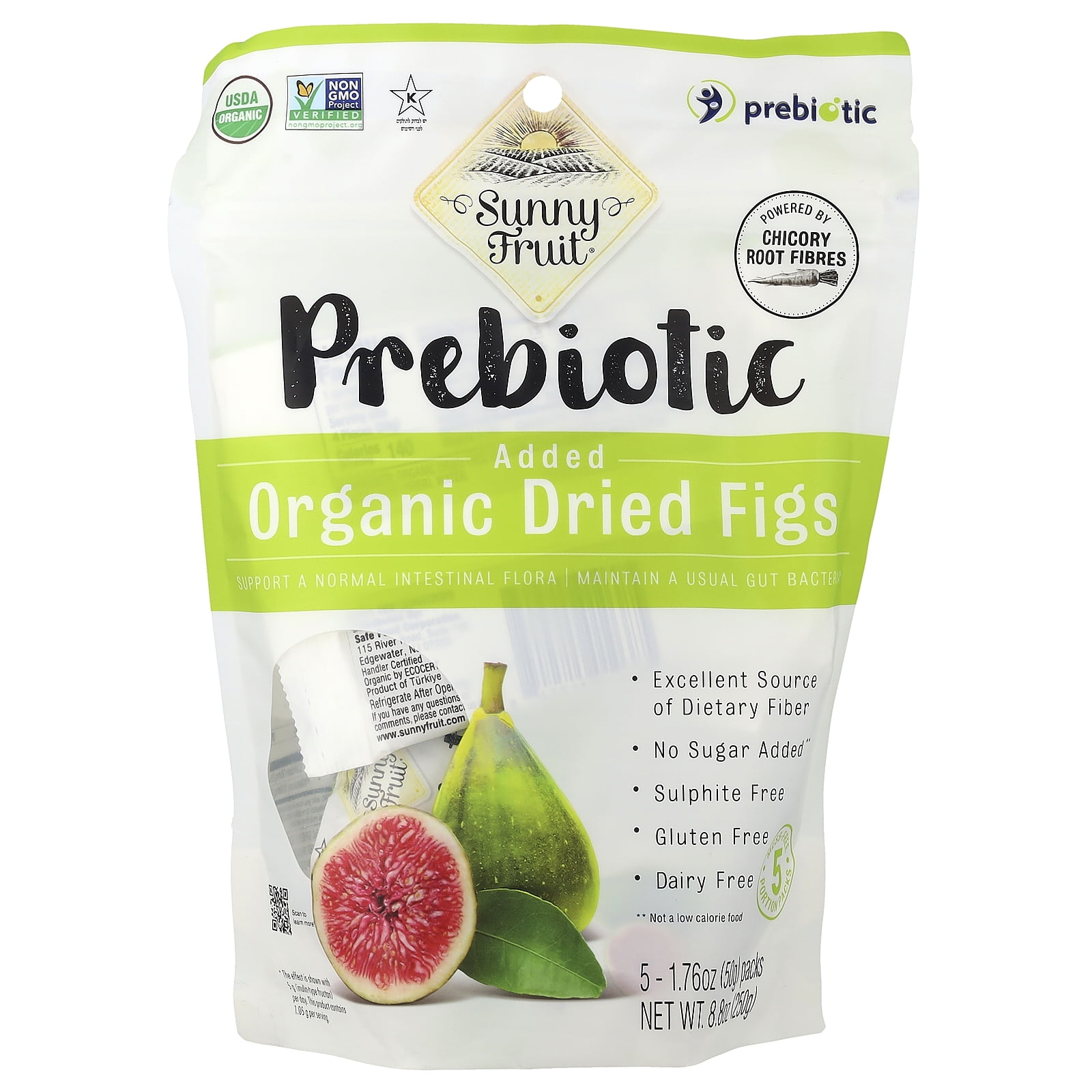 Sunny Fruit Organic Dried Figs With Added Prebiotics, 5 Packs, 1.76 oz (50 g) Each