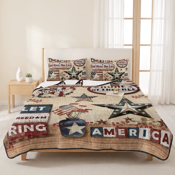 3 Pieces Queen Quilt Set,Independence Day Farm Western Star Soft Bedding Sets with 1 Quilt & 2 Pillow Shams,Patriotic USA Flag Wood Summer Bedspread Lightweight Coverlet Comforter for All Season