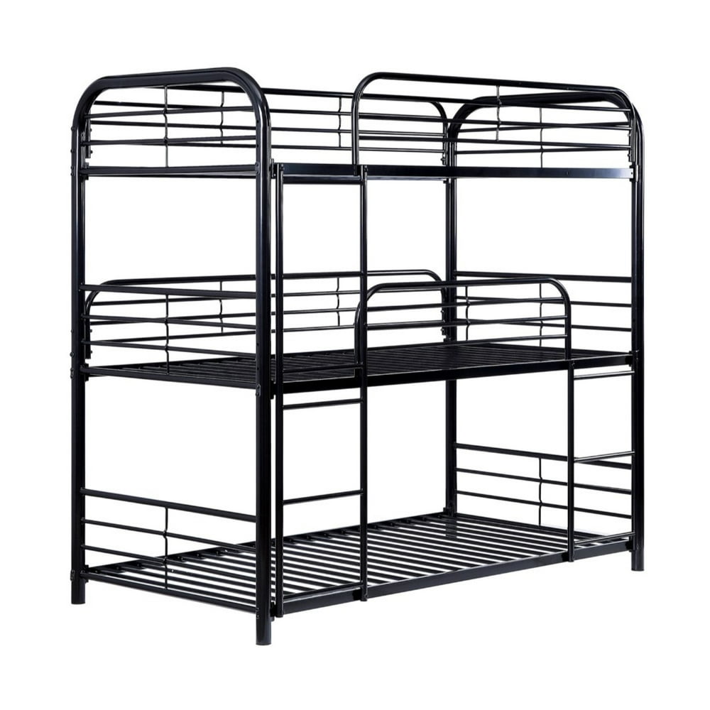 Metal Frame Three Tier Twin Size Bunk Bed with 2 Attached Ladders and