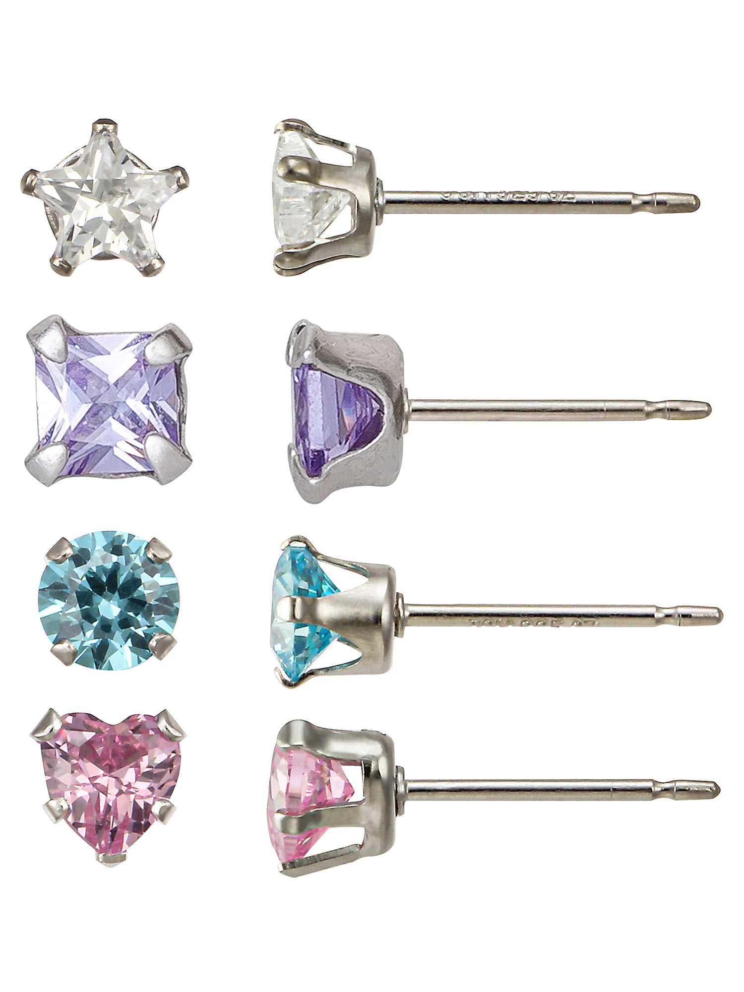 Brilliance Fine Jewelry Girl’s Sterling Silver CZ Multi Stud Earring Set, 4 Pairs